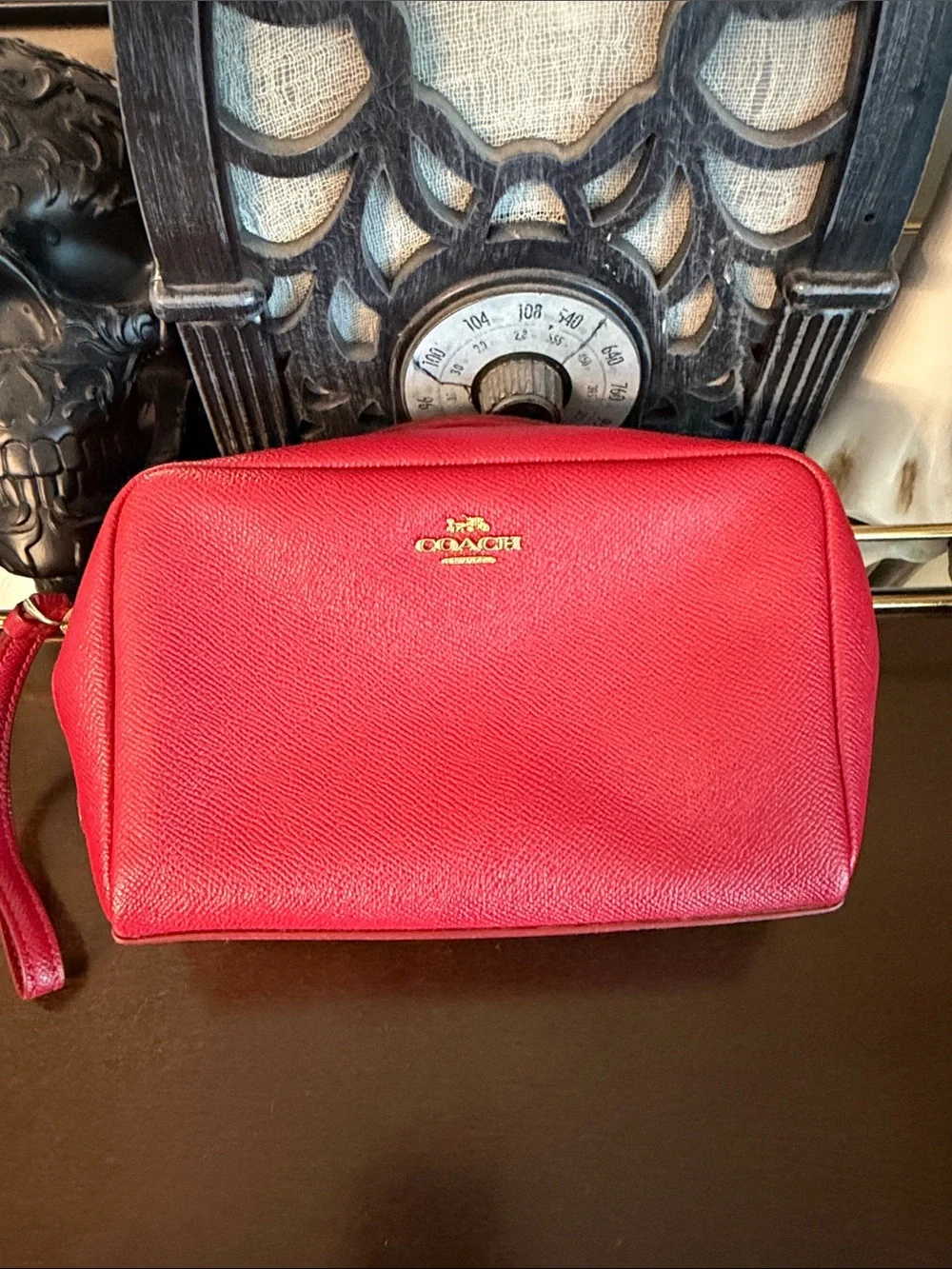 Coach Red Pebble Leather Wristlet Cosmetic Case